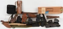 LARGE LOT OF GUN PARTS, RIFLE SCOPES HOLSTERS
