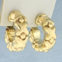 Italian Puffy X Design Hoop Earrings In 14k Yellow Gold