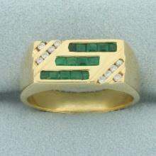 Mens Emerald And Diamond Ring In 18k Yellow Gold