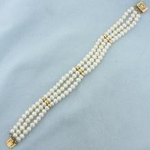 Triple Strand Cultured Pearl Bracelet In 14k Yellow Gold