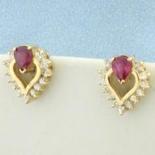 Ruby And Diamond Heart Earrings In 14k Yellow Gold