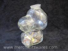 Vintage Glass Snoopy Coin Bank with Assorted Change, 1 lb 11 oz