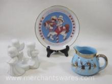 Three Angel Votive Candle Holder with Lasting Memories Plastic Plate and Blue Ceramic Creamer with