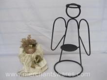 Black Wire Angel Candle Stand with Handmade Wood Angel with Harp