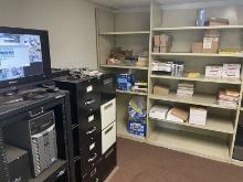 (Lot) Files, Shelving, Monitors, (12) Folding Chairs, In Supply Room