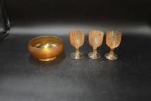 Merigold Carnival Glass Bowl & 3 Iris & Herringbone Cups