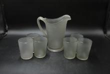 Vintage Frosted Glass Pitcher with 6 Glasses