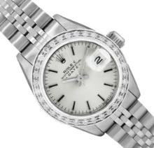 Rolex Ladies Stainless Steel Silver Index Diamond Date Wristwatch