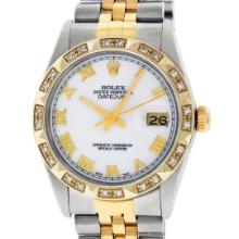 Rolex Mens Two Tone White Roman Diamond Datejust Wristwatch