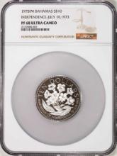 1975FM Bahamas $10 Proof Independence Silver Coin NGC PF68 Ultra Cameo