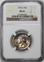 1932-S Washington Quarter Coin NGC MS61 Nice Toning