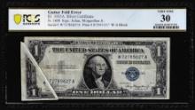 1935A $1 Silver Certificate Note Gutter Fold Error Fr.1608 PCGS Very Fine 30