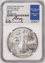 2019(W) $1 American Silver Eagle Coin NGC MS70 FDOI Moy Signature West Point Mint