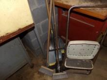 Group of Dust Pans and Brooms with Step Stool (Cellar)
