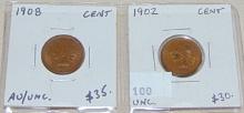 1908, 1902 Indian Cents AU-UNC, UNC.