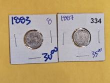 1883 and 1887 Seated Liberty Dimes