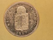 GOLD! 1887 Hungary 4 forint 10 francs Gold in Brilliant AU-BU