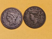 1842 Braided and 1822 Coronet Large Cents