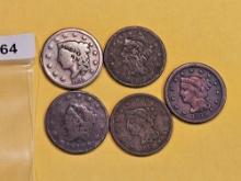 Five Mixed large Cents