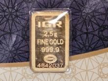 GOLD! IGR 2.5 Gram .9999 fine gold bar