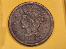 COUNTERSTAMP! 1853 Large Cent in About Uncirculated - details