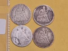 Four mixed Seated Liberty Dimes