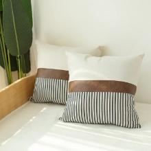 Throw Pillow Covers, White & Navy Blue Stripe Patchwork Linen Cognac Brown, 18X18", Set of 2