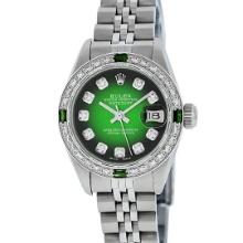 Rolex Ladies Quickset Stainless Steel Green Vignette Diamond And Emerald Datejus