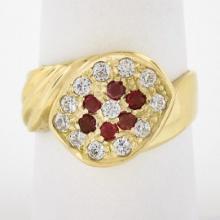 Vintage 18K Gold Round Pave Set Cubic Zirconia & Ruby Grooved Cluster Band Ring