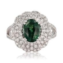 2.54 ctw Blue-Green Sapphire and 1.06 ctw Diamond Platinum Ring (GIA CERTIFIED)