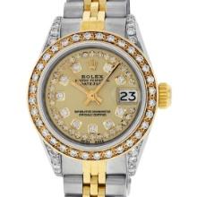 Rolex Ladies Quickset Two Tone Champagne Diamond Lugs Datejust Wristwatch