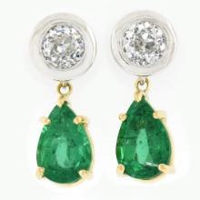 14k Gold 3.31 ctw GIA Pear Emerald Bezel Old European Diamond Drop Dangle Earrin