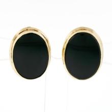 Vintage 14k Yellow Gold Bezel Set Oval Black Onyx Button Screw-On Earrings