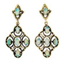Vintage Victorian Revival 14k Gold Opal Beaded Open Work Drop Dangle Earrings