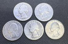 5 Washington Silver Quarters From 30s or 40s 1.07 Oz