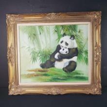 Framed artwork oil/canvas Panda Bear With Cub signed B. Harris