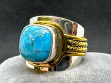Blue Turquoise Silver And Brass Ring 7.66 Grams Size 7.5