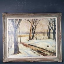 Framed artwork oil/canvas dirt road/landscape signed Marko.E.