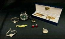 Fancy Costume Jewelry, Wristwatches, Caran dache Swiss Made Gold Pens more