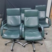 Green leather swivel office chairs adjustable height with wheeles quantity 5