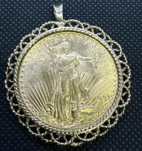 1908 $20 Gold Eagle Set In 14k Gold Pendant 39.95 Grams