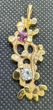 14kt Gold Pendent With Set Diamond And Red Ruby 5.61 Grams