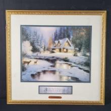 Framed artwork print titled Deer Creek Cottage signed Thomas Kinkade with COA on back