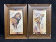 Pair Of Framed Art Lion and Leopard by J Gibson