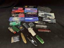 Large Lot of Pocket Folding Knives, Lighters, Master Cutlery, Law Enforcement, Peacemaker more