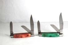 2 knives. One 3 blade stockman with green bone scales. Appears NIB. Also one similar 3 blade