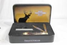 Field and Stream tin with two blade pocket knife and sharpening stone