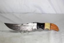Custom fixed blade Knife, Damascus blade. Horn, bone and maple handle 10" overall length