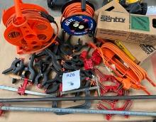 LARGE LOT OF CLAMPS, EXTENSION CORDS, POWER CORD STATION