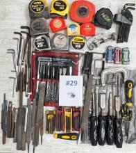 LARGE LOT OF TAPE MEASURES, PUNCH SET, ALLEN WRENCHES, MULTI-TOOLS